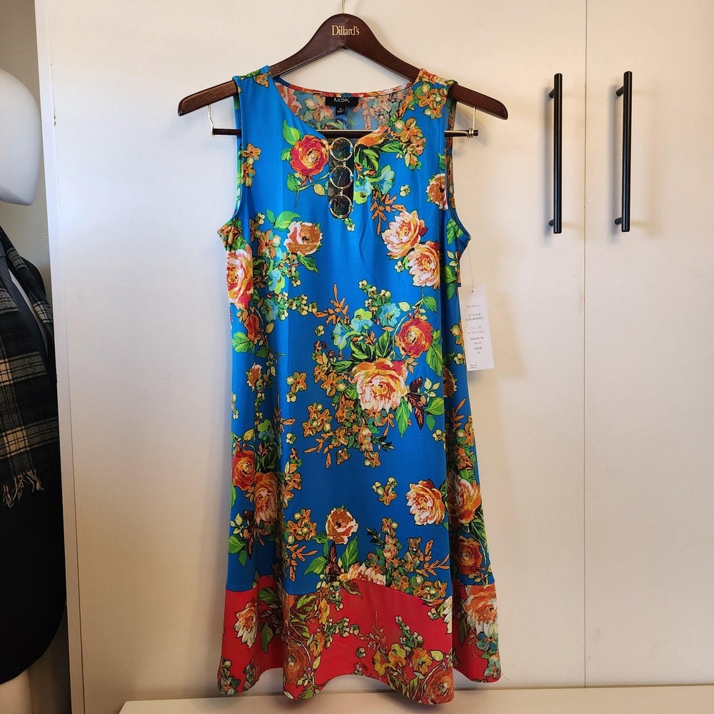 MSK Blue Coral Floral Sleeveless Midi Dress Gold Ring Detail Size M 93638950D